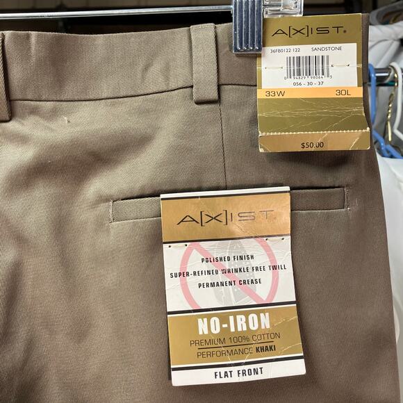 Axist Mens 33x30 Khaki No-Iron Premium Cotton Dress Pants Flat Front Pockets New - Picture 5 of 14